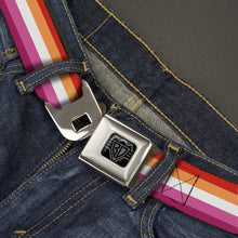 Load image into Gallery viewer, BD Wings Logo CLOSE-UP Black/Silver Seatbelt Belt - Flag Lesbian Five Stripe Oranges/White/Pinks Webbing