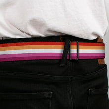 Load image into Gallery viewer, BD Wings Logo CLOSE-UP Black/Silver Seatbelt Belt - Flag Lesbian Five Stripe Oranges/White/Pinks Webbing