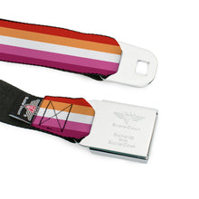 Load image into Gallery viewer, BD Wings Logo CLOSE-UP Black/Silver Seatbelt Belt - Flag Lesbian Five Stripe Oranges/White/Pinks Webbing