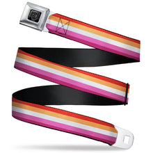 Load image into Gallery viewer, BD Wings Logo CLOSE-UP Black/Silver Seatbelt Belt - Flag Lesbian Five Stripe Oranges/White/Pinks Webbing