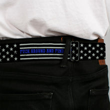 Load image into Gallery viewer, BD Wings Logo CLOSE-UP Black/Silver Seatbelt Belt - FAFO FUCK AROUND AND FIND OUT Thin Blue Line Flag Webbing