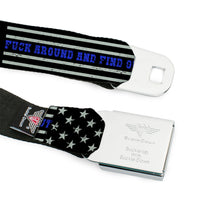 Load image into Gallery viewer, BD Wings Logo CLOSE-UP Black/Silver Seatbelt Belt - FAFO FUCK AROUND AND FIND OUT Thin Blue Line Flag Webbing