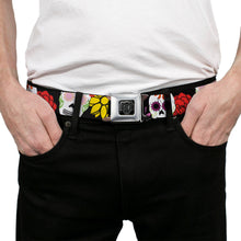 Load image into Gallery viewer, BD Wings Logo CLOSE-UP Black/Silver Seatbelt Belt - Sugar Skulls &amp; Flowers Black/Multi Color Webbing