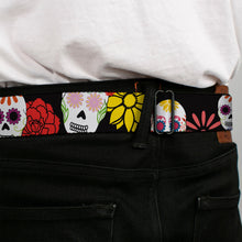 Load image into Gallery viewer, BD Wings Logo CLOSE-UP Black/Silver Seatbelt Belt - Sugar Skulls &amp; Flowers Black/Multi Color Webbing