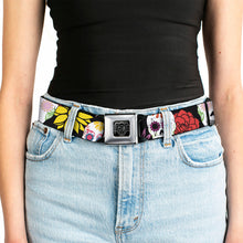 Load image into Gallery viewer, BD Wings Logo CLOSE-UP Black/Silver Seatbelt Belt - Sugar Skulls &amp; Flowers Black/Multi Color Webbing