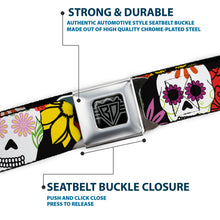 Load image into Gallery viewer, BD Wings Logo CLOSE-UP Black/Silver Seatbelt Belt - Sugar Skulls &amp; Flowers Black/Multi Color Webbing