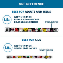 Load image into Gallery viewer, BD Wings Logo CLOSE-UP Black/Silver Seatbelt Belt - Sugar Skulls &amp; Flowers Black/Multi Color Webbing
