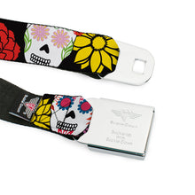 Load image into Gallery viewer, BD Wings Logo CLOSE-UP Black/Silver Seatbelt Belt - Sugar Skulls &amp; Flowers Black/Multi Color Webbing