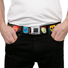 Load image into Gallery viewer, BD Wings Logo CLOSE-UP Black/Silver Seatbelt Belt - Painted Sugar Skulls &amp; Flowers Collage Webbing
