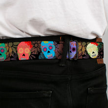 Load image into Gallery viewer, BD Wings Logo CLOSE-UP Black/Silver Seatbelt Belt - Painted Sugar Skulls &amp; Flowers Collage Webbing