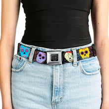 Load image into Gallery viewer, BD Wings Logo CLOSE-UP Black/Silver Seatbelt Belt - Painted Sugar Skulls &amp; Flowers Collage Webbing