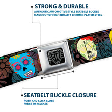 Load image into Gallery viewer, BD Wings Logo CLOSE-UP Black/Silver Seatbelt Belt - Painted Sugar Skulls &amp; Flowers Collage Webbing