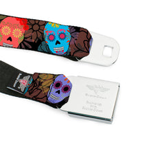 Load image into Gallery viewer, BD Wings Logo CLOSE-UP Black/Silver Seatbelt Belt - Painted Sugar Skulls &amp; Flowers Collage Webbing