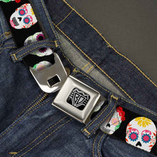 Load image into Gallery viewer, BD Wings Logo CLOSE-UP Full Color Black Silver Seatbelt Belt - Staggered Sugar Skulls Black/Multi Color Webbing