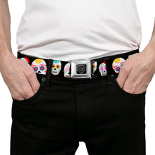 Load image into Gallery viewer, BD Wings Logo CLOSE-UP Full Color Black Silver Seatbelt Belt - Staggered Sugar Skulls Black/Multi Color Webbing