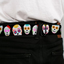 Load image into Gallery viewer, BD Wings Logo CLOSE-UP Full Color Black Silver Seatbelt Belt - Staggered Sugar Skulls Black/Multi Color Webbing
