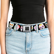 Load image into Gallery viewer, BD Wings Logo CLOSE-UP Full Color Black Silver Seatbelt Belt - Staggered Sugar Skulls Black/Multi Color Webbing