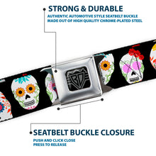 Load image into Gallery viewer, BD Wings Logo CLOSE-UP Full Color Black Silver Seatbelt Belt - Staggered Sugar Skulls Black/Multi Color Webbing