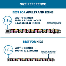Load image into Gallery viewer, BD Wings Logo CLOSE-UP Full Color Black Silver Seatbelt Belt - Staggered Sugar Skulls Black/Multi Color Webbing