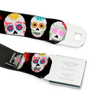Load image into Gallery viewer, BD Wings Logo CLOSE-UP Full Color Black Silver Seatbelt Belt - Staggered Sugar Skulls Black/Multi Color Webbing