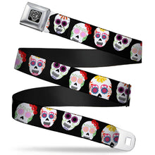 Load image into Gallery viewer, BD Wings Logo CLOSE-UP Full Color Black Silver Seatbelt Belt - Staggered Sugar Skulls Black/Multi Color Webbing