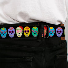 Load image into Gallery viewer, BD Wings Logo CLOSE-UP Black/Silver Seatbelt Belt - Painted Sugar Skulls Black/Multi Color Webbing