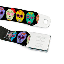 Load image into Gallery viewer, BD Wings Logo CLOSE-UP Black/Silver Seatbelt Belt - Painted Sugar Skulls Black/Multi Color Webbing