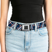 Load image into Gallery viewer, BD Wings Logo CLOSE-UP Full Color Black Silver Seatbelt Belt - Plaid X2 Navy/White/Orange Webbing