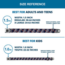 Load image into Gallery viewer, BD Wings Logo CLOSE-UP Full Color Black Silver Seatbelt Belt - Plaid X2 Navy/White/Orange Webbing