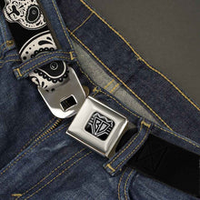 Load image into Gallery viewer, BD Wings Logo CLOSE-UP Full Color Black Silver Seatbelt Belt - Panda Bear Sugar Skull CLOSE-UP Scattered Black/Cream Webbing