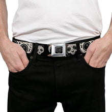 Load image into Gallery viewer, BD Wings Logo CLOSE-UP Full Color Black Silver Seatbelt Belt - Panda Bear Sugar Skull CLOSE-UP Scattered Black/Cream Webbing