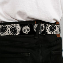 Load image into Gallery viewer, BD Wings Logo CLOSE-UP Full Color Black Silver Seatbelt Belt - Panda Bear Sugar Skull CLOSE-UP Scattered Black/Cream Webbing