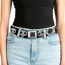 Load image into Gallery viewer, BD Wings Logo CLOSE-UP Full Color Black Silver Seatbelt Belt - Panda Bear Sugar Skull CLOSE-UP Scattered Black/Cream Webbing