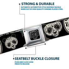 Load image into Gallery viewer, BD Wings Logo CLOSE-UP Full Color Black Silver Seatbelt Belt - Panda Bear Sugar Skull CLOSE-UP Scattered Black/Cream Webbing