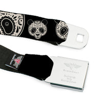Load image into Gallery viewer, BD Wings Logo CLOSE-UP Full Color Black Silver Seatbelt Belt - Panda Bear Sugar Skull CLOSE-UP Scattered Black/Cream Webbing