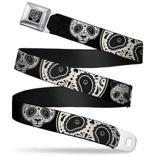 Load image into Gallery viewer, BD Wings Logo CLOSE-UP Full Color Black Silver Seatbelt Belt - Panda Bear Sugar Skull CLOSE-UP Scattered Black/Cream Webbing