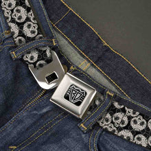 Load image into Gallery viewer, BD Wings Logo CLOSE-UP Full Color Black Silver Seatbelt Belt - Panda Bear Sugar Skull Scattered Black/Cream Webbing