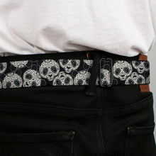 Load image into Gallery viewer, BD Wings Logo CLOSE-UP Full Color Black Silver Seatbelt Belt - Panda Bear Sugar Skull Scattered Black/Cream Webbing