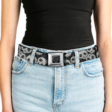 Load image into Gallery viewer, BD Wings Logo CLOSE-UP Full Color Black Silver Seatbelt Belt - Panda Bear Sugar Skull Scattered Black/Cream Webbing