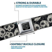 Load image into Gallery viewer, BD Wings Logo CLOSE-UP Full Color Black Silver Seatbelt Belt - Panda Bear Sugar Skull Scattered Black/Cream Webbing