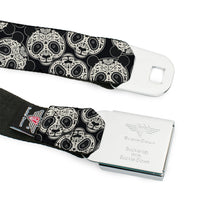 Load image into Gallery viewer, BD Wings Logo CLOSE-UP Full Color Black Silver Seatbelt Belt - Panda Bear Sugar Skull Scattered Black/Cream Webbing
