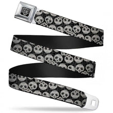 Load image into Gallery viewer, BD Wings Logo CLOSE-UP Full Color Black Silver Seatbelt Belt - Panda Bear Sugar Skull Scattered Black/Cream Webbing