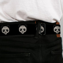 Load image into Gallery viewer, BD Wings Logo CLOSE-UP Black/Silver Seatbelt Belt - Panda Bear Sugar Skull Black/Cream Webbing