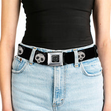 Load image into Gallery viewer, BD Wings Logo CLOSE-UP Black/Silver Seatbelt Belt - Panda Bear Sugar Skull Black/Cream Webbing