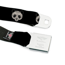 Load image into Gallery viewer, BD Wings Logo CLOSE-UP Black/Silver Seatbelt Belt - Panda Bear Sugar Skull Black/Cream Webbing