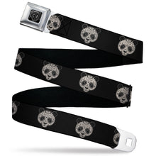 Load image into Gallery viewer, BD Wings Logo CLOSE-UP Black/Silver Seatbelt Belt - Panda Bear Sugar Skull Black/Cream Webbing