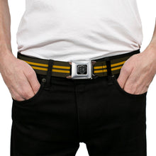 Load image into Gallery viewer, BD Wings Logo CLOSE-UP Full Color Black Silver Seatbelt Belt - Stripe Black/Gold Webbing