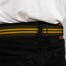 Load image into Gallery viewer, BD Wings Logo CLOSE-UP Full Color Black Silver Seatbelt Belt - Stripe Black/Gold Webbing