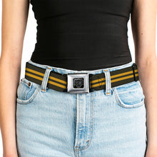 Load image into Gallery viewer, BD Wings Logo CLOSE-UP Full Color Black Silver Seatbelt Belt - Stripe Black/Gold Webbing