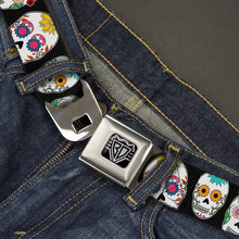 Load image into Gallery viewer, BD Wings Logo CLOSE-UP Full Color Black Silver Seatbelt Belt - Sugar Skull Outline Black/Multi Color Webbing
